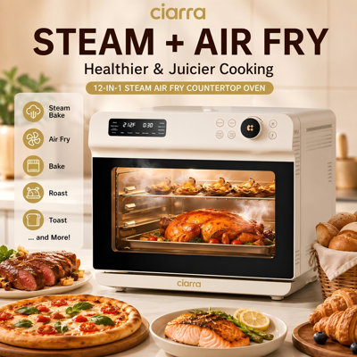 CIARRA 25.4QT Steam Air Fry Countertop Oven, 12-in-1 Convection Toaster Oven with Rapid Air Fry, Bake, Roast, Broil, Dehydrate & Reheat, Fits 12" Pizza