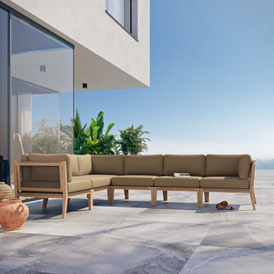 Clearwater Outdoor Patio Teak Wood 6-Piece Sectional Sofa In Grey Navy