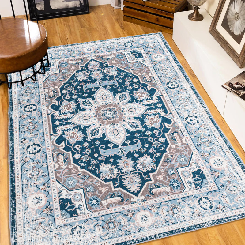 Tapis 8 x 10, ornement bohémien rétro, antidérapant lavable pour la maison, image de fleur bleue, cuisine fabriquée à la machine, fabriqué à la machine