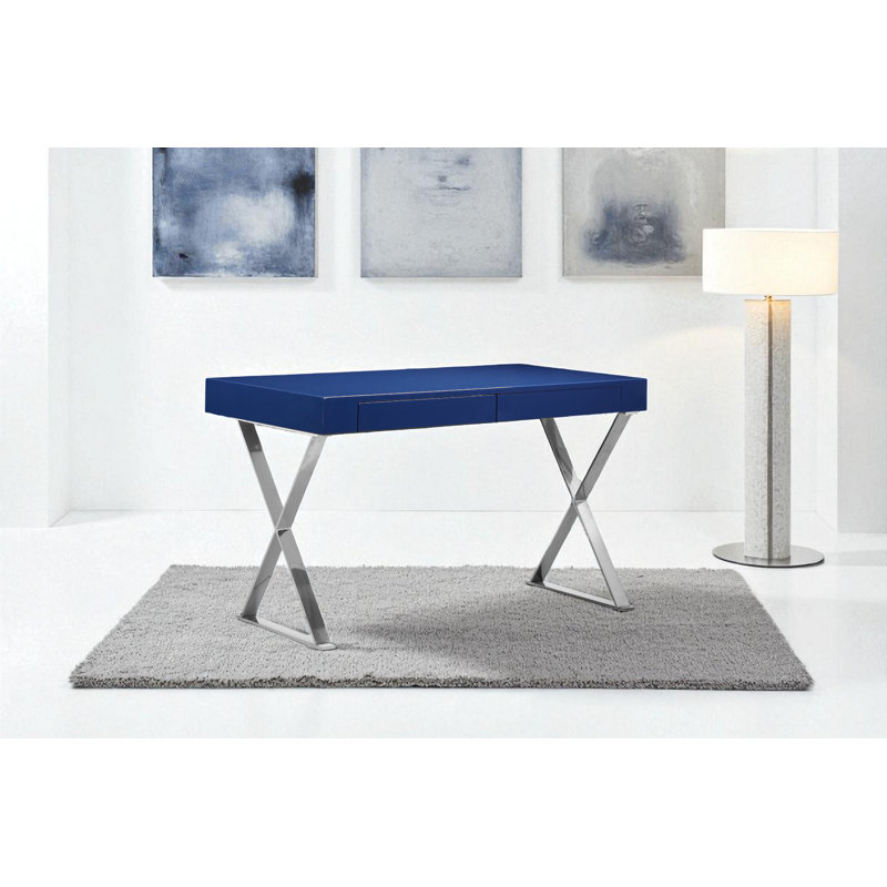 Pangea Home Alexa Modern Writing Desk – with Sleek Metal Steel Legs, Contemporary Executive Computer Table - Office, Bedroom, Entry - Navy Desk with Silver Legs