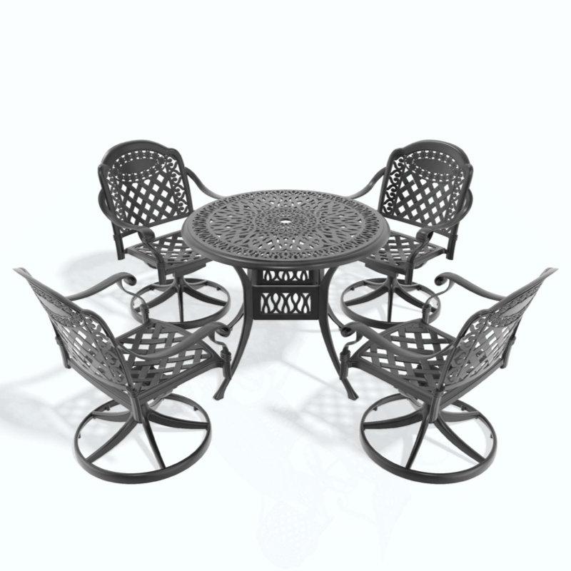Ensemble de salle à manger 5 pièces en aluminium coulé résistant aux intempéries, comprenant 4 chaises pivotantes et une table ronde avec cadre