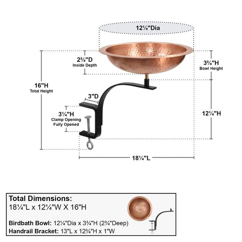 Hammered Solid Copper Birdbath with Rail Mount Bracket