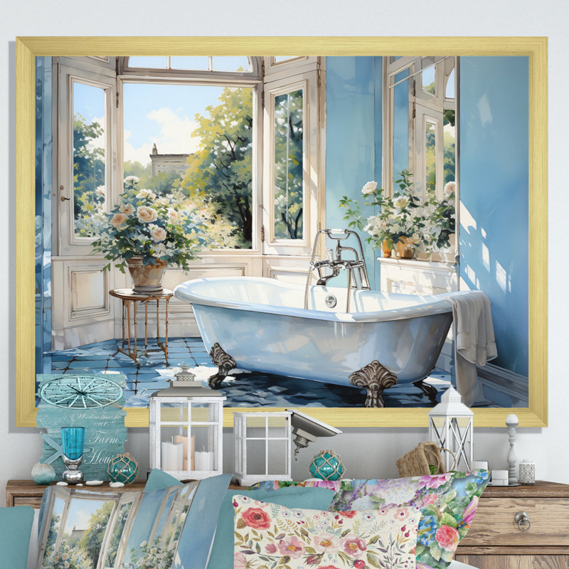 «Bathroom Tranquil Reflections I» - décoration murale pour salle de bain, Cadre doré simple, H 30 po x l 40 po x P 1,5 po