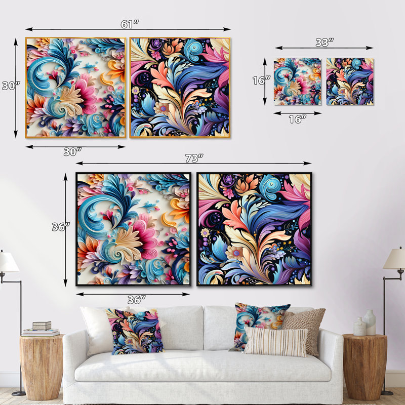 Froehlich - Ensemble de 2 collages carrés botaniques abstraits, Cadre flottant noir, H 36 po x l 73 po