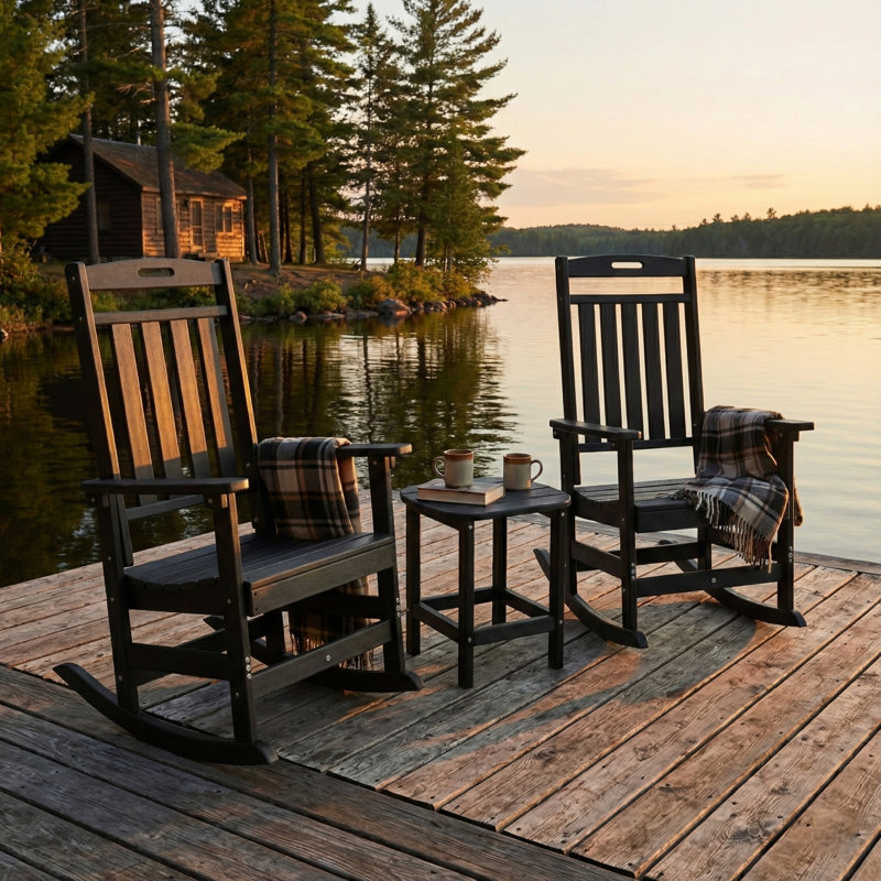 3-Piece Outdoor Rocking Chair Set, 2 HDPE Porch Rockers With Side Table, All-Weather Patio Conversation Set, Black