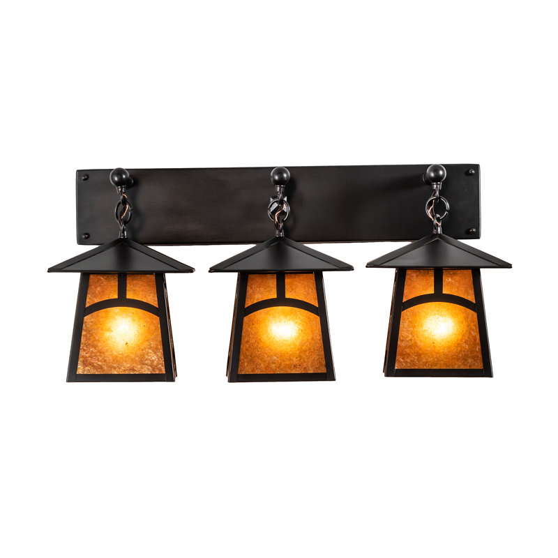 Craftsman Brown 26" Solid Brass Amber Mica 3-Light Vanity Fixture