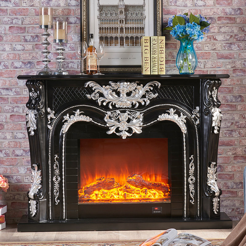 Foyer électrique décoratif en bois massif sculpté de style européen avec feu simulé, Noir