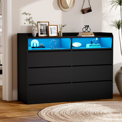 Commode double 6 tiroirs l 47,2 po avec prise de courant et lumière DEL
