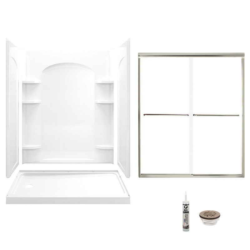 60" W x 74.75" H Frameless Rectangle Sliding Shower Kit with Towel Bar and Base Included, Nickel