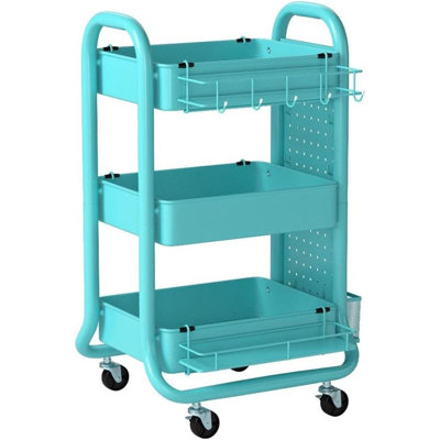 3-Tier Utility Storage Rolling Cart With Removable Pegboard & Extra Storage Baskets Hooks, Metal Craft Art Carts For Gift Home Office, Teal