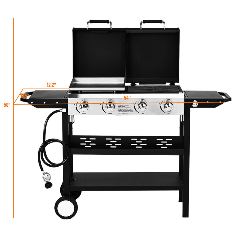 Barbecue au propane 4 brûleurs 2 en 1 avec plaque chauffante et couvercle