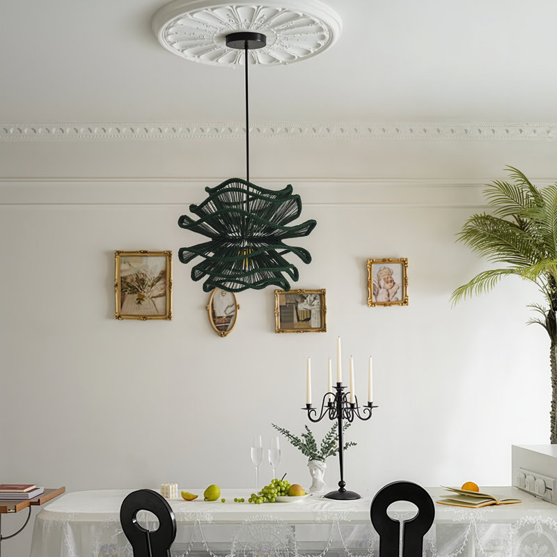 1-Light Pendant Lights Green Flower Rattan, 17.52" H x 19.69" W x 19.69" D