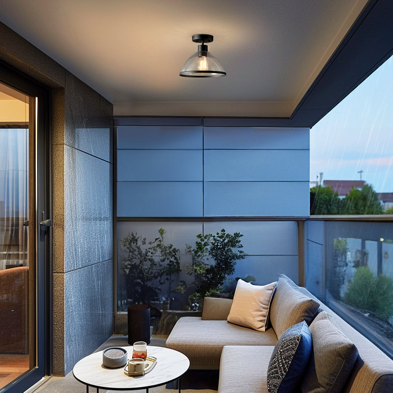 1-Light Outdoor Flush Mount Ceiling Light, Matte Black, Seeded Glass Shade, Weather Resistant