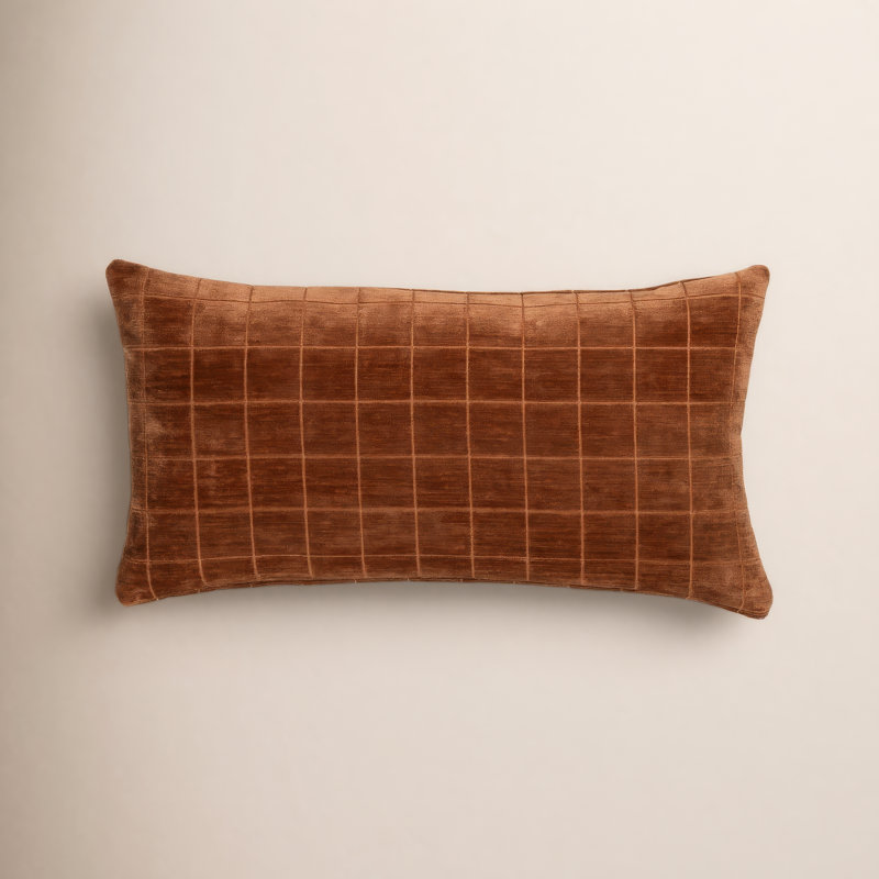Otterville Velvet Grid Lumbar Pillow, 12"H x 21"W, Feather, Nutmeg Rust Block