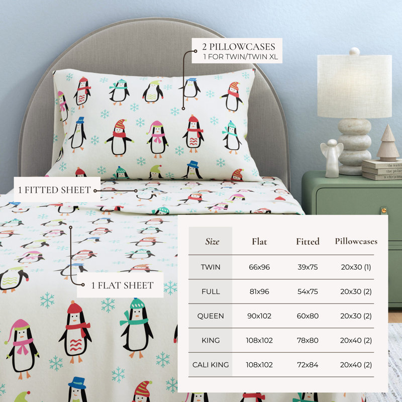 100% Turkish Cotton Flannel Christmas Sheet Sets, Penguins Multicolor, Queen with 2 Pillowcases