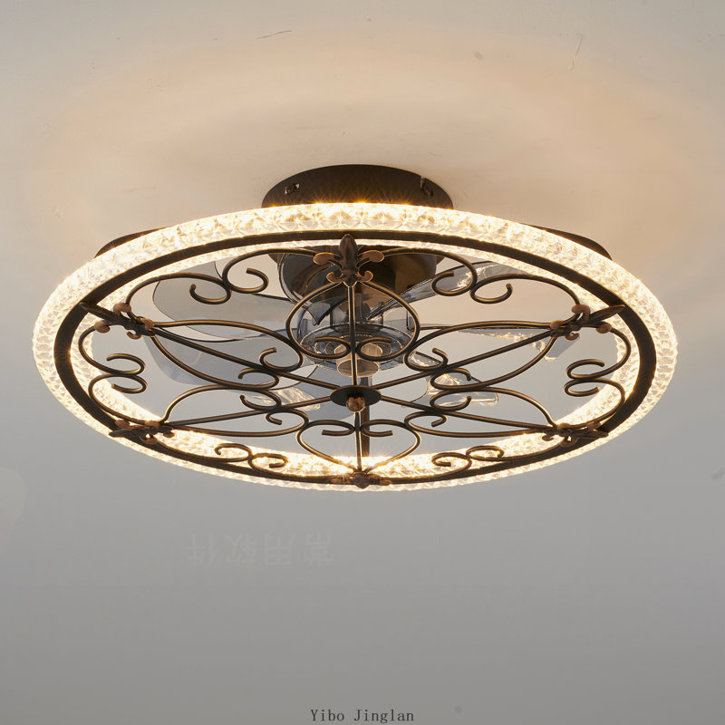 Rustic Black Caged Ceiling Fan with Light and Remote, Low Profile LED Flush Mount