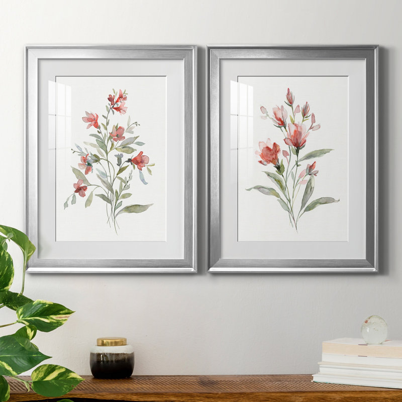 Lin botanique corail III - ensemble de 2 reproductions d'art, H 30,5 po x l 85 po x P 1,5 po, Papier avec cadre argenté