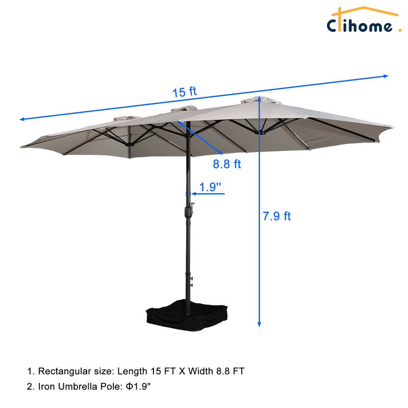 Beige 15 Ft Steel Market Umbrella with Crank Lift and Stand