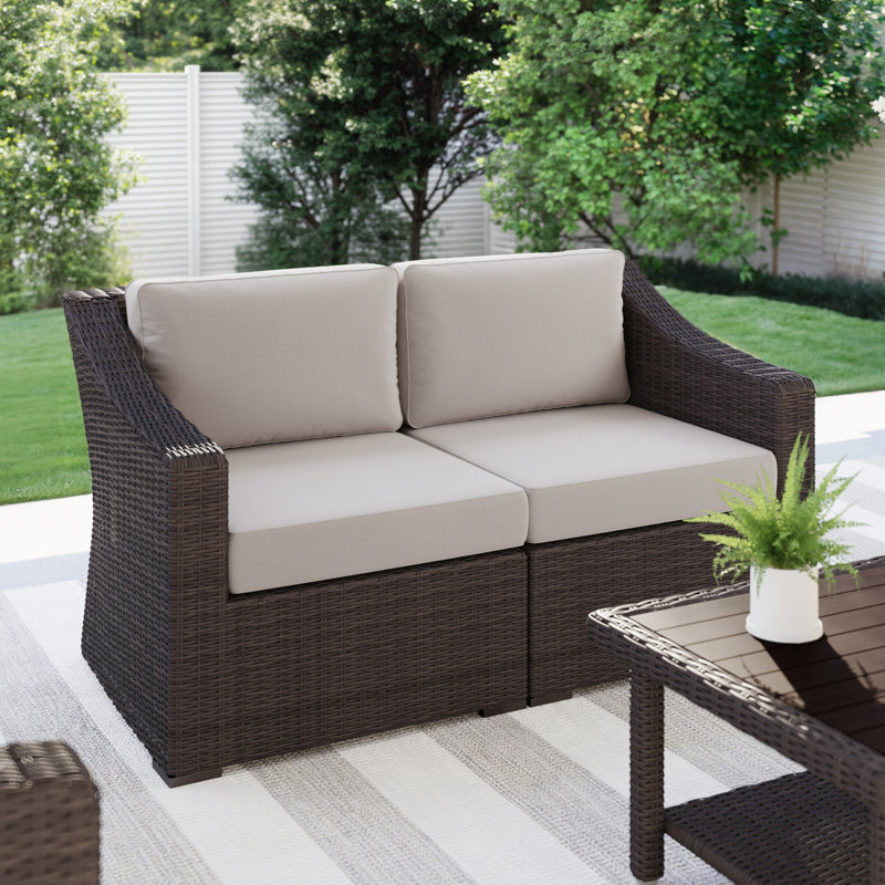 Martha Stewart Bedford Outdoor Modular Rattan Wicker Loveseat With All-Weather Cushions, Tan, Brown