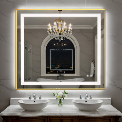 Bathroom LED Mirror Brushed Gold Metal Frame Frontlit & Backlit Vanity Mirror Anti-Fog Stepless Dimmable 3 Colors Wall-Mounted