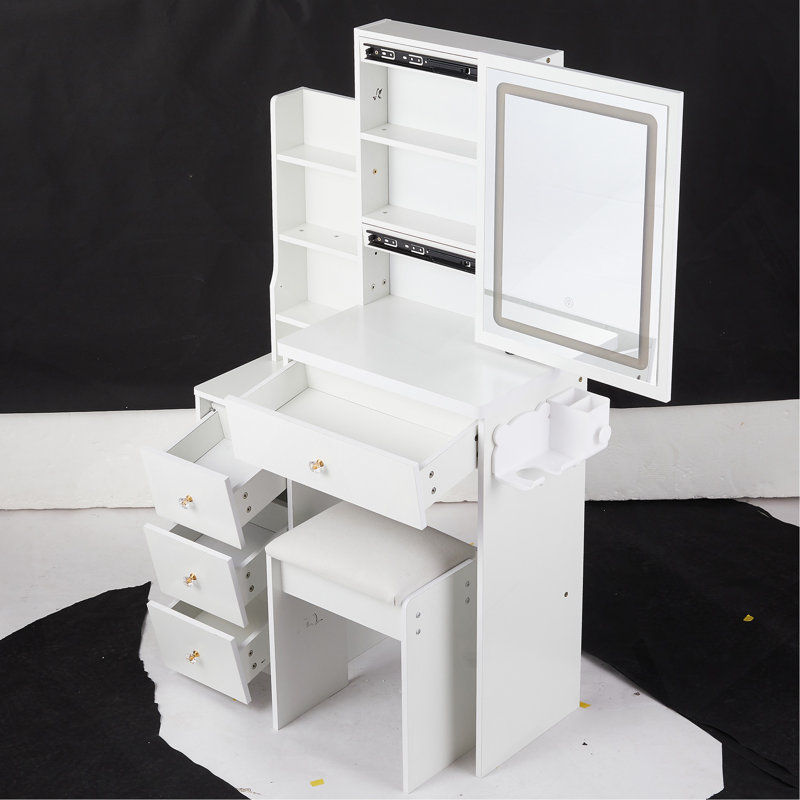 Petite coiffeuse de 29,2 po avec tabouret rembourré, 2 prises CA et 2 ports USB, support pour séchoir à cheveux, réglage de la luminosité