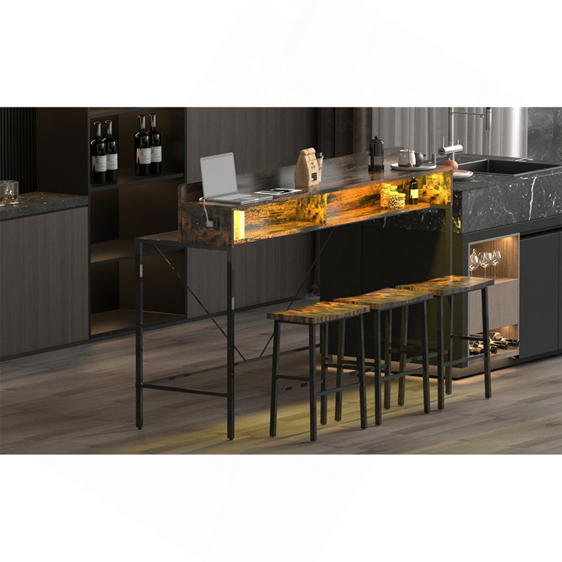 Ensemble de table de bar de 59 pouces, table de salle à manger, table de canapé avec prise de courant et éclairage à DEL, 3 tabourets de selle, table de bar 4 pièces et ensemble de chaises pour le salon, la salle à manger et la cuisine