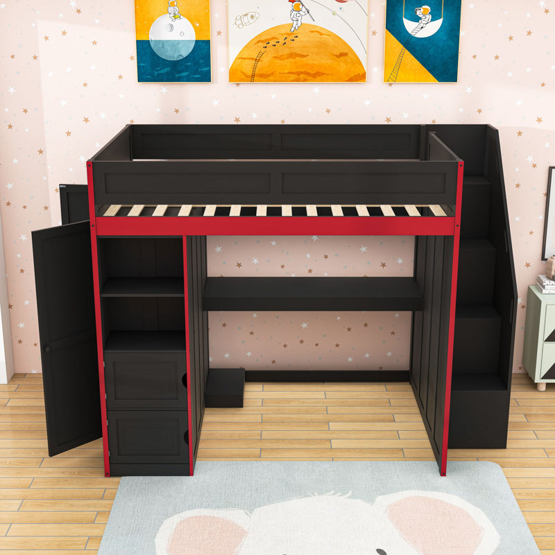 Wooden Gaming Loft Bed with LED Strip, Wardrobe, Stairs and Desk, Full