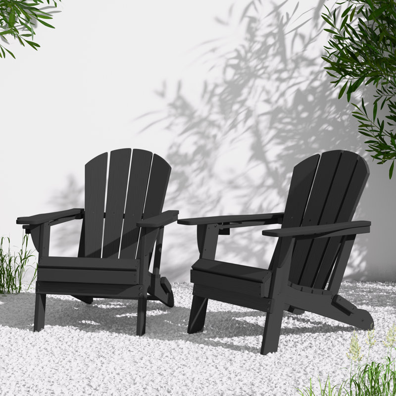 Chaise Adirondack en PEHD toutes saisons pliable avec porte-gobelet , Noir, Ensemble de 1 