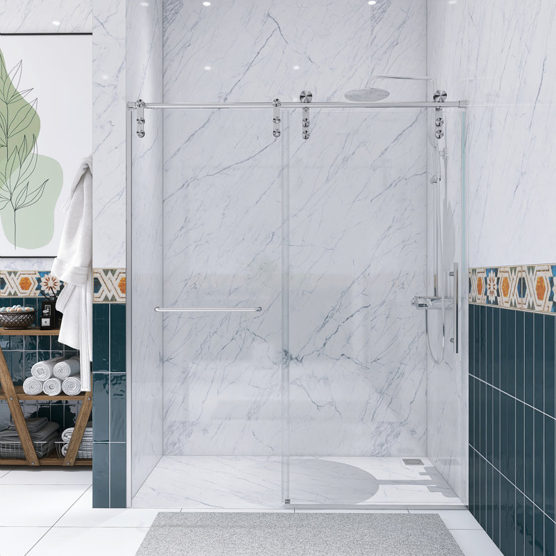 56"-60" W Single Sliding Frameless Shower Door, 5/16"(8Mm) Thick Tempered Glass, With Towel Bar And Buffer, Brushed Nickel Finished