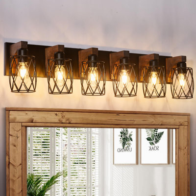 6-Light Industrial Farmhouse Vanity Light Wall Mounted with Mesh Shades and Wood Accents