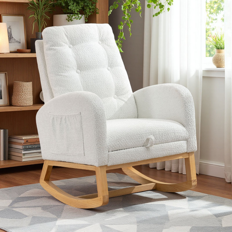 Chaise berçante décorative avec repose-pieds à haut dossier en bois d'hévéa, Gris