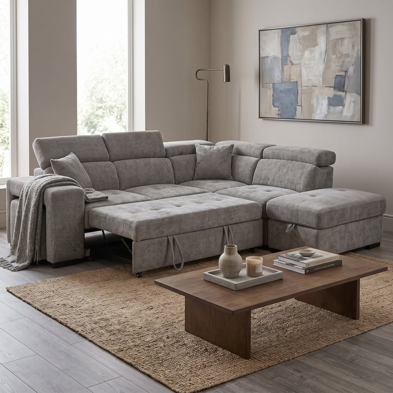 Corner Sofabed with Storage and Ottomans, Right Hand Facing, Grey Chenille