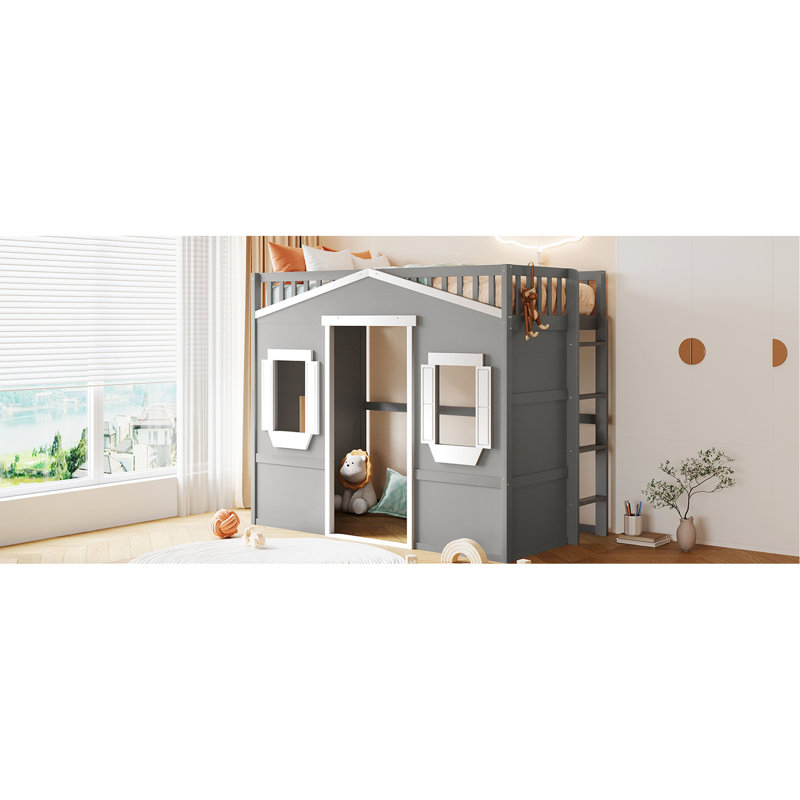 Lit mezzanine simple avec lit - Gris + pin massif blanc pour une chambre à coucher durable Gris + blanc, solide et confortable