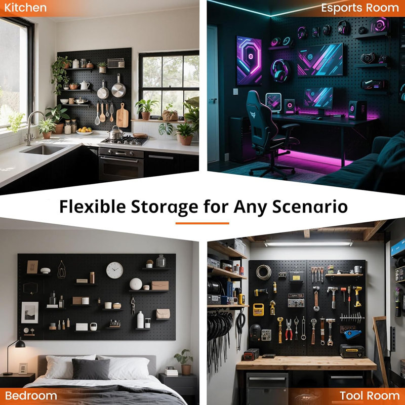 Pegboard, Metal Peg Board Panels Black Modular Wall Organizer Kit