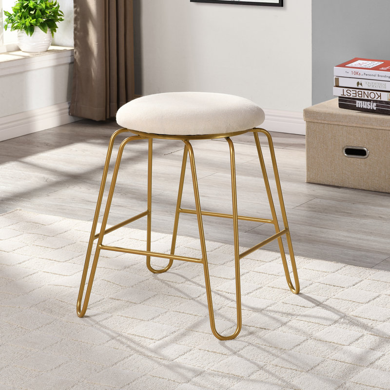 Tabouret de coiffeuse moderne en lin beige 18 po avec structure thermolaquée or, Or, Beige
