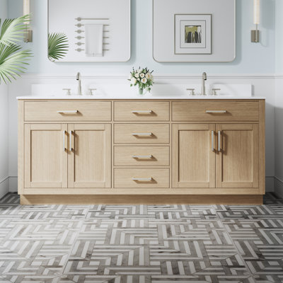 80" W x 35" H Freestanding Bathroom Solid Wood Vanity With White Cultured Marble Countertop And Ceramic Double Sink,Oak