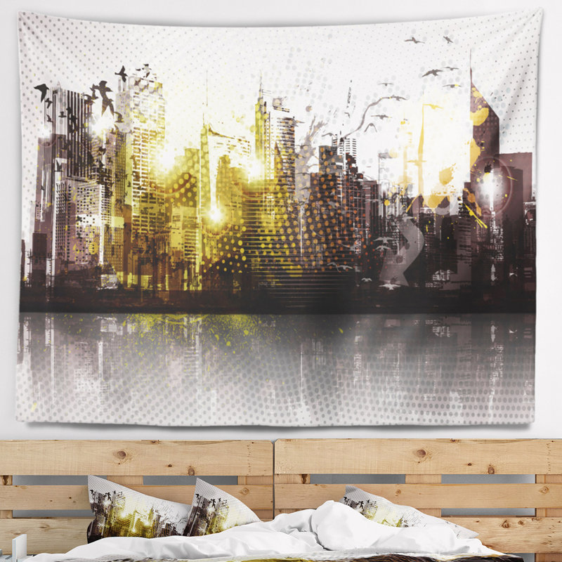 Tapisserie panorama cityscape grunge city, H 32 po x l 39 po