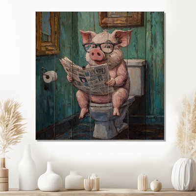 Toilet Pig Reading The Newspaper II - Pig Animal Wood Wall Decor - On Natural Pine Wood