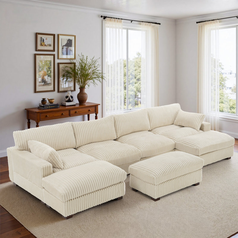 6 - Piece Upholstered White Faux Rabbit Fur Flannel Reversible Modular Sofa Living Room Sectional Couch with Ottoman