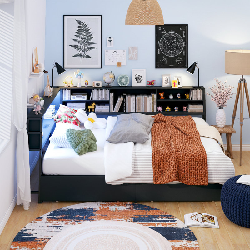  Full Size Metal Corner Daybed with LED Lights and Charging Station - 82" Wide Frame with Bookcase Headboard - Black, Black