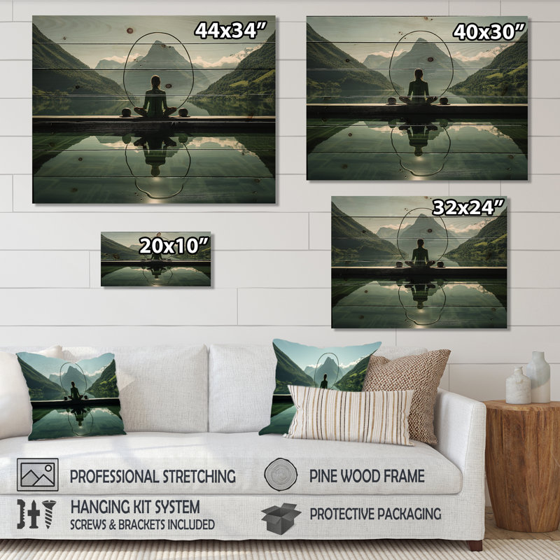 Yogic Balance Horizon - art mural panneau de bois de yoga sur bois de pin naturel, H 30 po x l 40 po