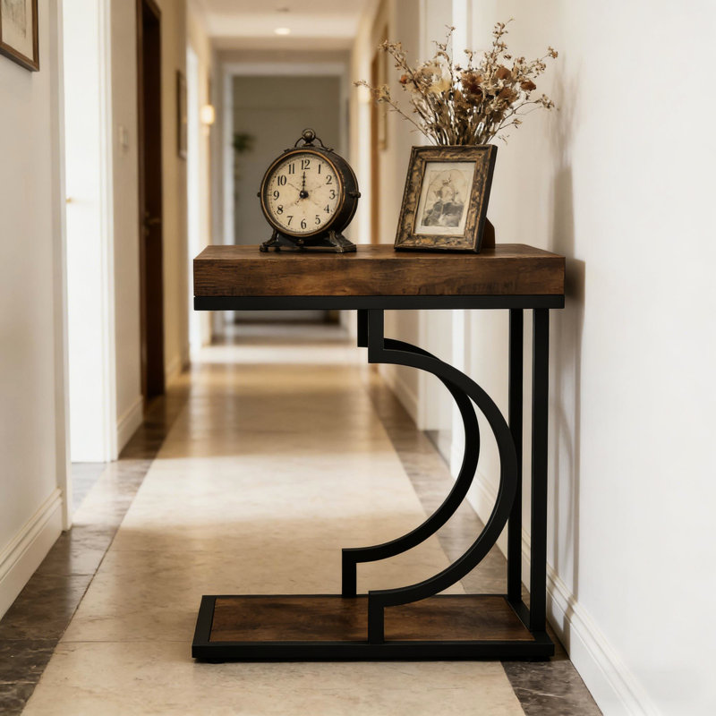 Table de couloir élégante avec un design compact et élégant, idéale pour les petits espaces de vie C - Maison, structure semi-circulaire, finition noire et brune, facile à nettoyer