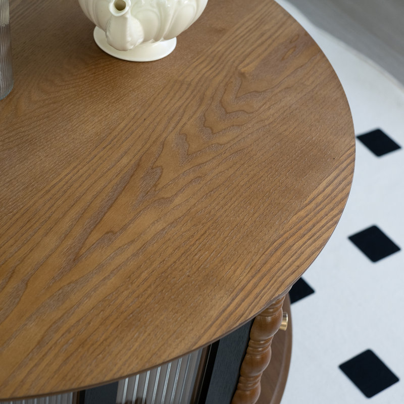 Table basse ronde à trois portes avec rangement, table basse moderne en placage de bois véritable, Noir