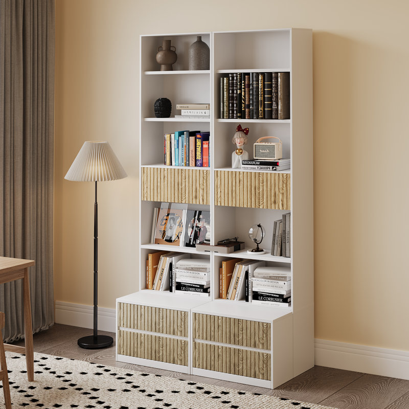 Set of 2 - 78.7'' H Bookcase Storage Standard Bookshelves With Footstool And Storage Drawers, White