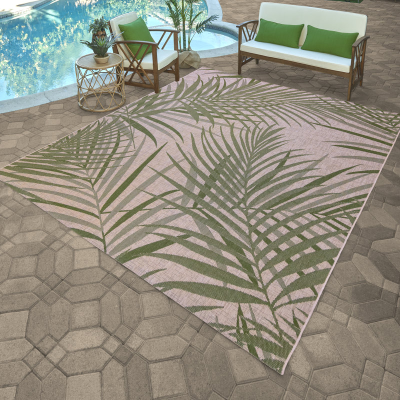 Paseo Paume All-Weather Flatweave Indoor/Outdoor Area Rug, Palm Green Beige Palm Leaf – Patio, Deck, Porch & Living Room - Green, 5x7