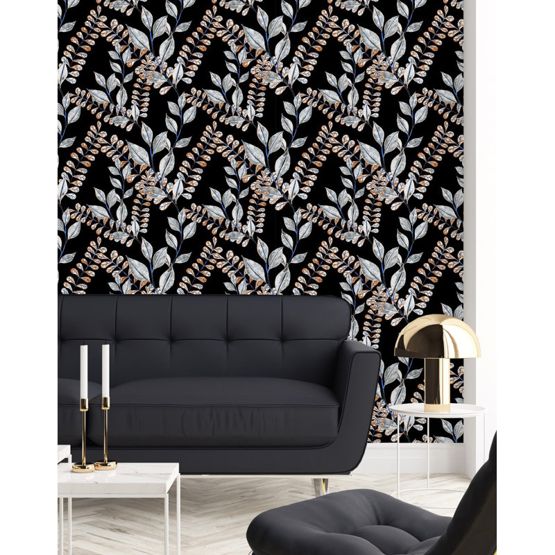 Black Wallpaper With Leaves Peel & Stick Floral Tile