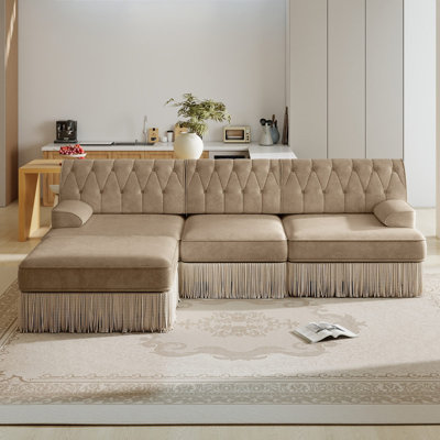 3-Seater Premium Quality Velvet Modular Cloud Sectional Sofa with Floor-Sweeping Tassel Fringe Skirt, Classic Button-Tufted Detailing, High-Density High-Resilience Foam Cushions, Hassle-Free Easy Assembly