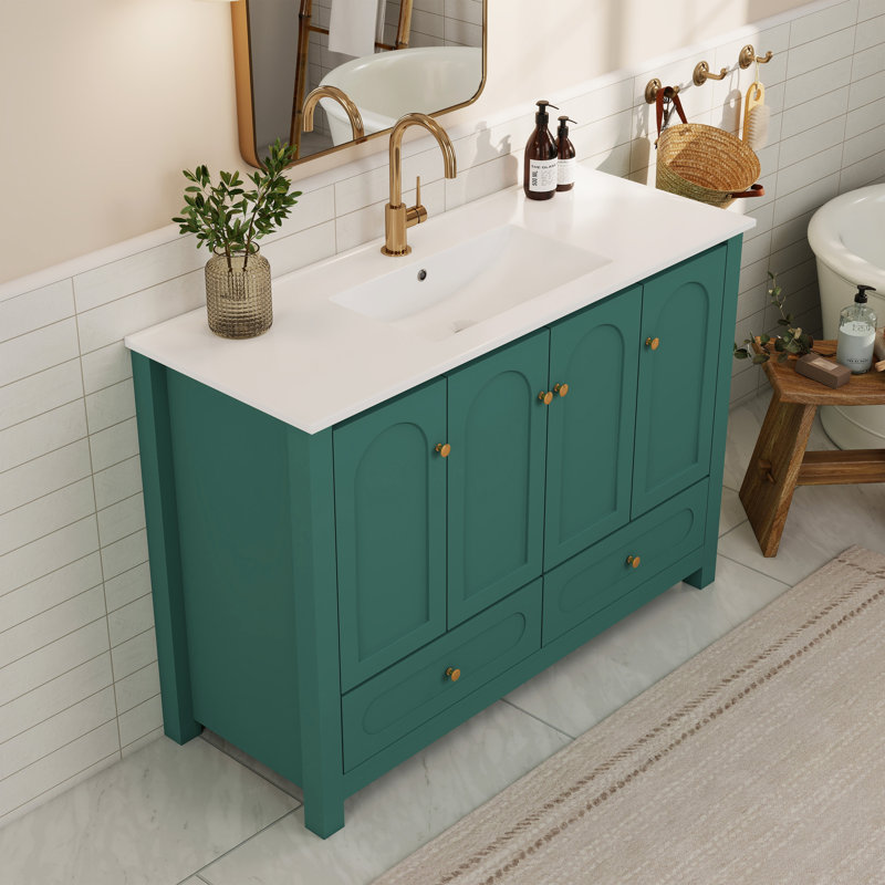 Ensemble de meuble-lavabo 48 po avec lavabo en céramique, armoire de rangement abondante, 4 portes à fermeture douce et 2 tiroirs