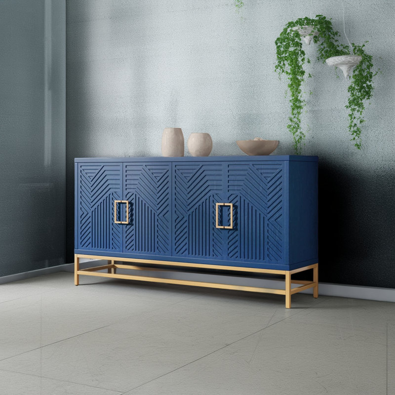 Trexm Navy Blue Sideboard (buffet) With Storage Space And Adjustable Shelves, With Rectangular Metal Handles And Metal Legs, Suitable For Kitchens, Living Rooms And Dining Rooms