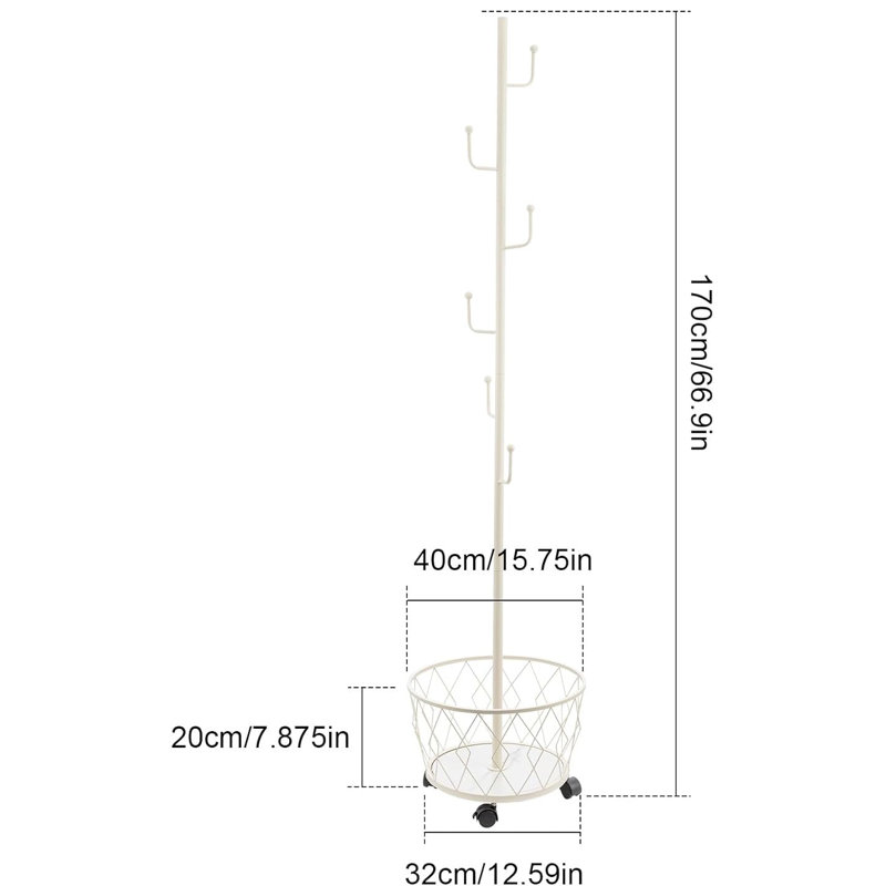 Metal 6-Hook Freestanding Coat Rack with Umbrella Holder, White